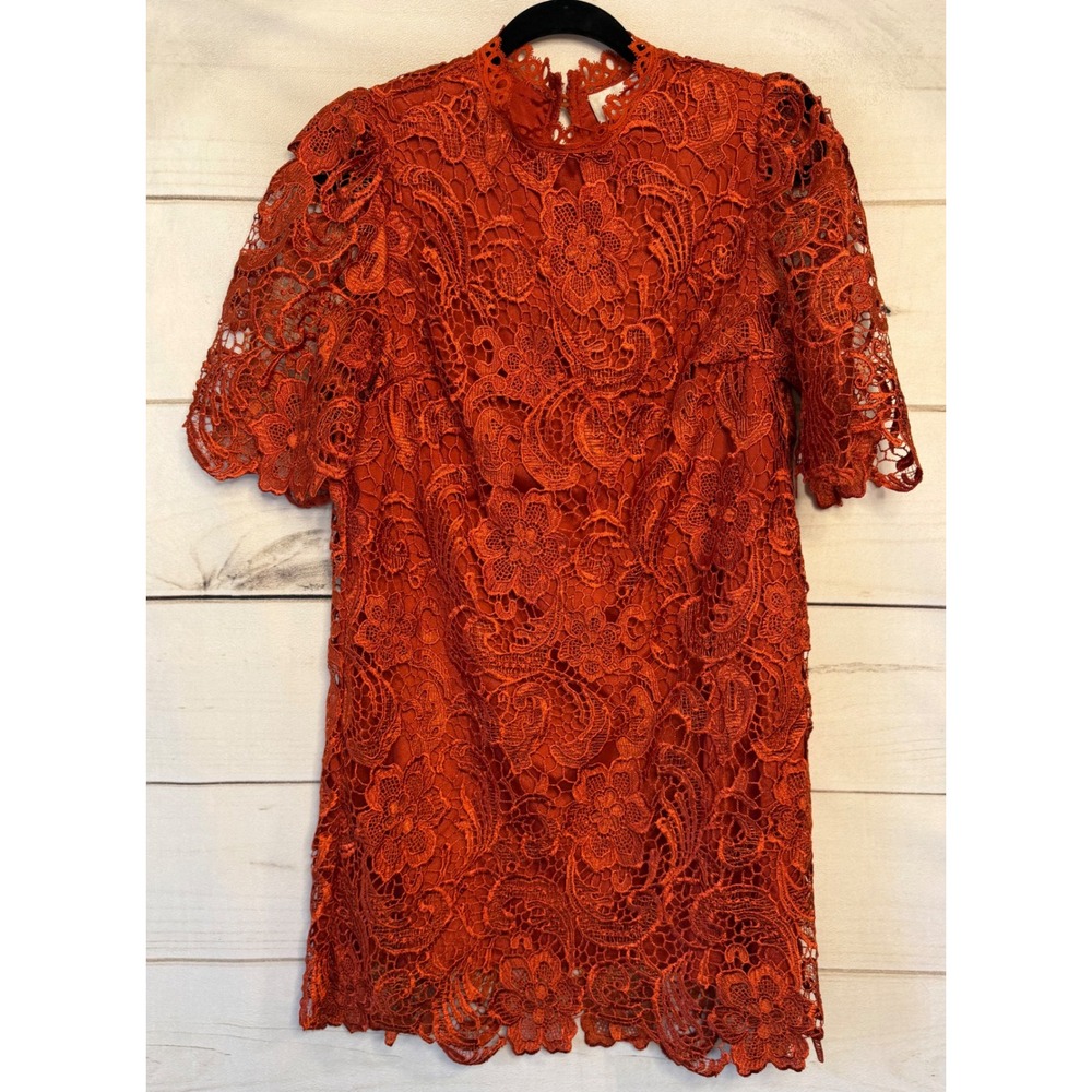 Champagne & Strawberry Rust Orange Floral Lace Mini Dress High Neck Small
